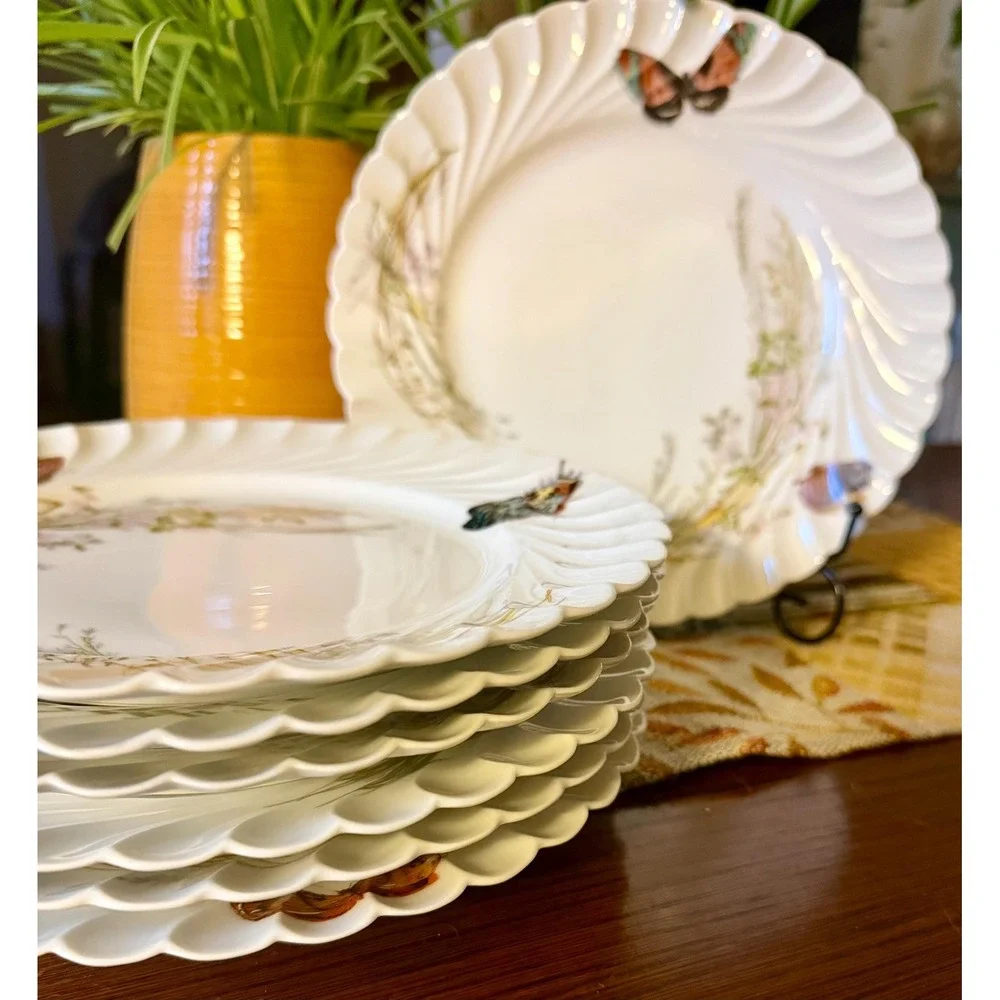 Antique Haviland Limoges Butterfly Plates, Victorian Floral Salad Set (Set of 7)